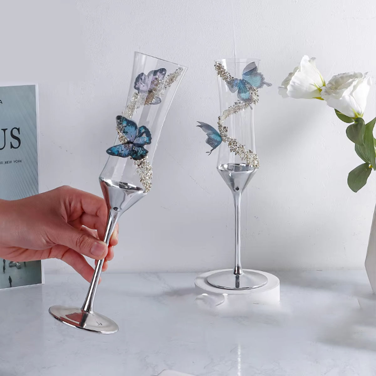 Champagne Flute Pair - فراشة الشمبانيا الزجاج الكهربائي المنزلية كريستال